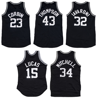 Lot of (5) Late-1980s Game Used San Antonio Spurs Road Jerseys: Iavaroni, Lucas, Thompson, Corbin & Mitchell (2 Signed) (Beckett) 